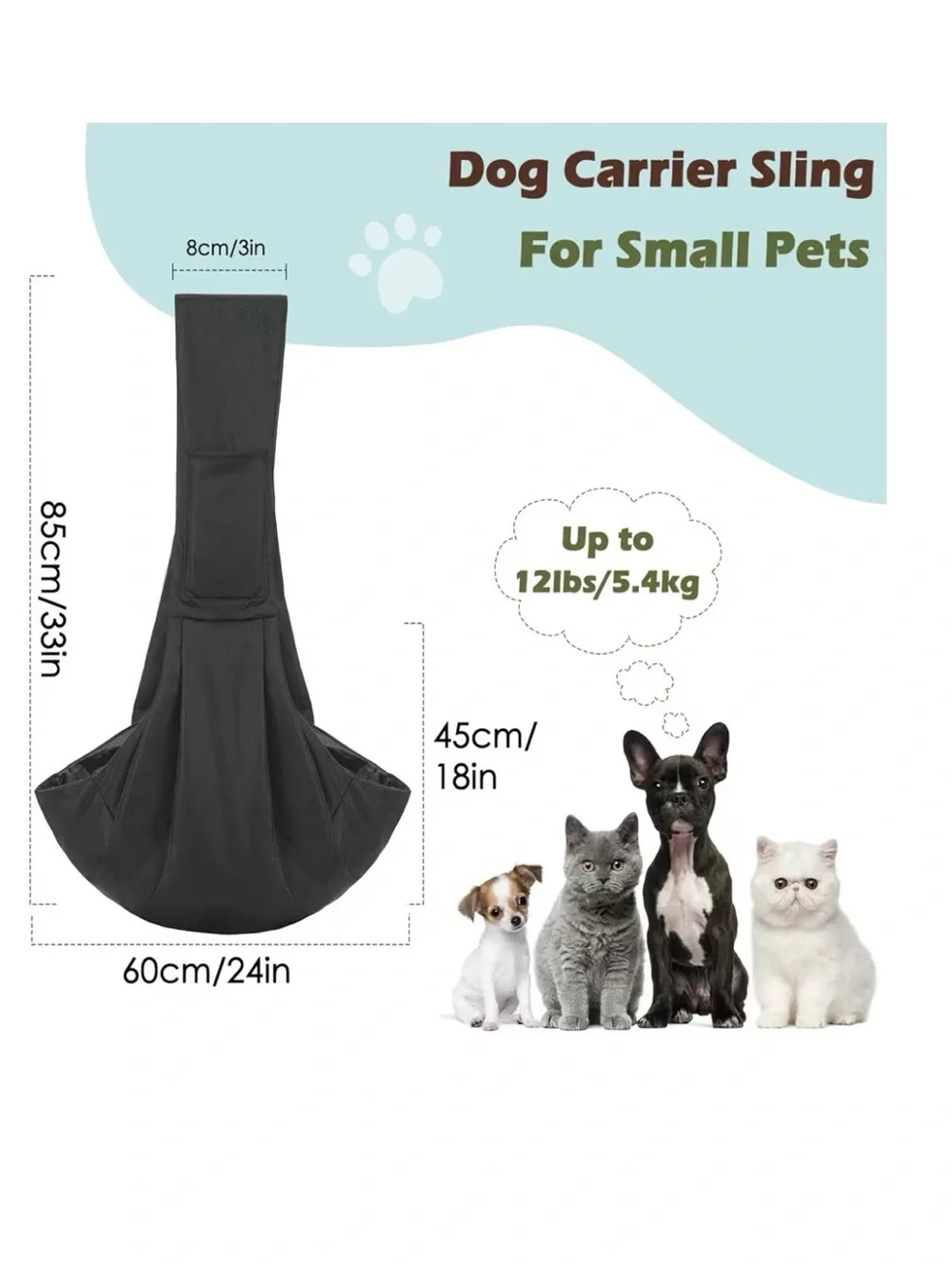 Pawaboo Black Pet Sling Carrier - Comfortable Hands-Free Dog & Cat Sling New